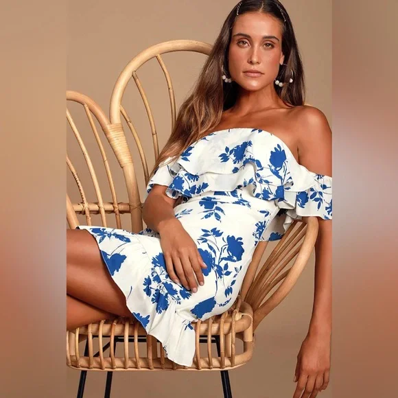 Lulus TALIA Blue & White Floral Off Shoulder Mini Dress - Large - Picture 3 of 12
